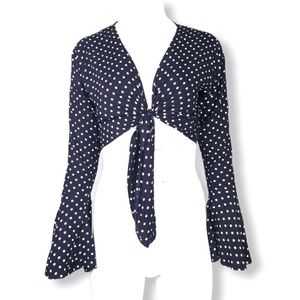 VTG 90's Navy & Cream Polka Dot Retro Viva Tie Front Flare Sleeve Crop Top